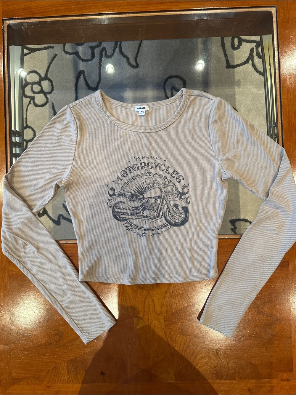 Garage Taupe Ribbed Long-Sleeve Crop Top with Motorcycle Graphic